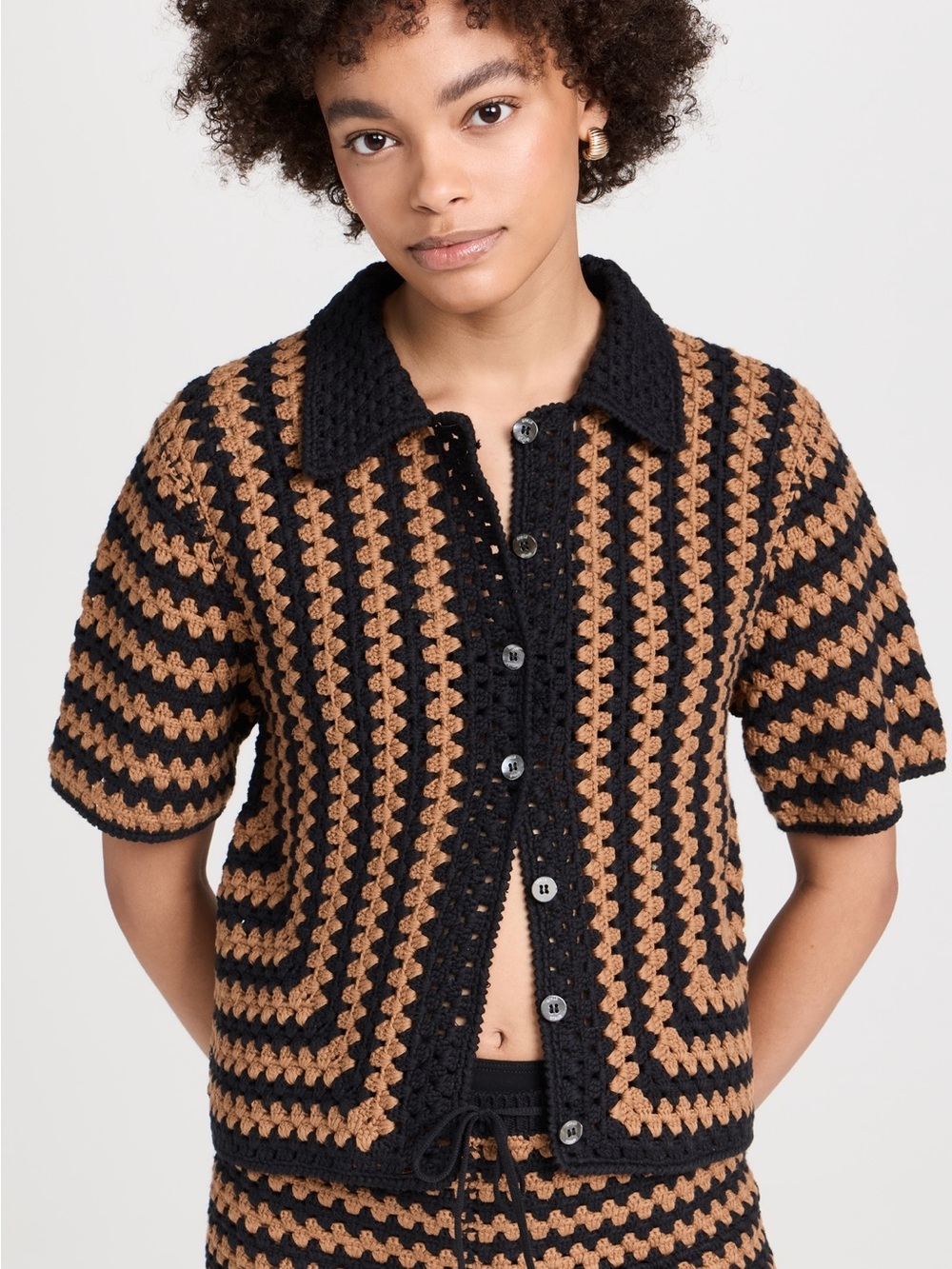 NWT STAUD MABEL Black & Tan Crochet Button-Down Shirt